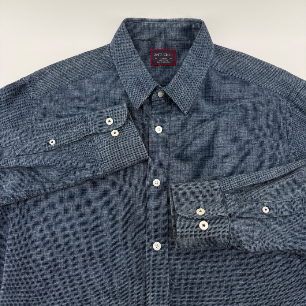 UNTUCKit Button Down Mens L Blue‎ Solid Cotton Shorter Hem Veneto Shirt